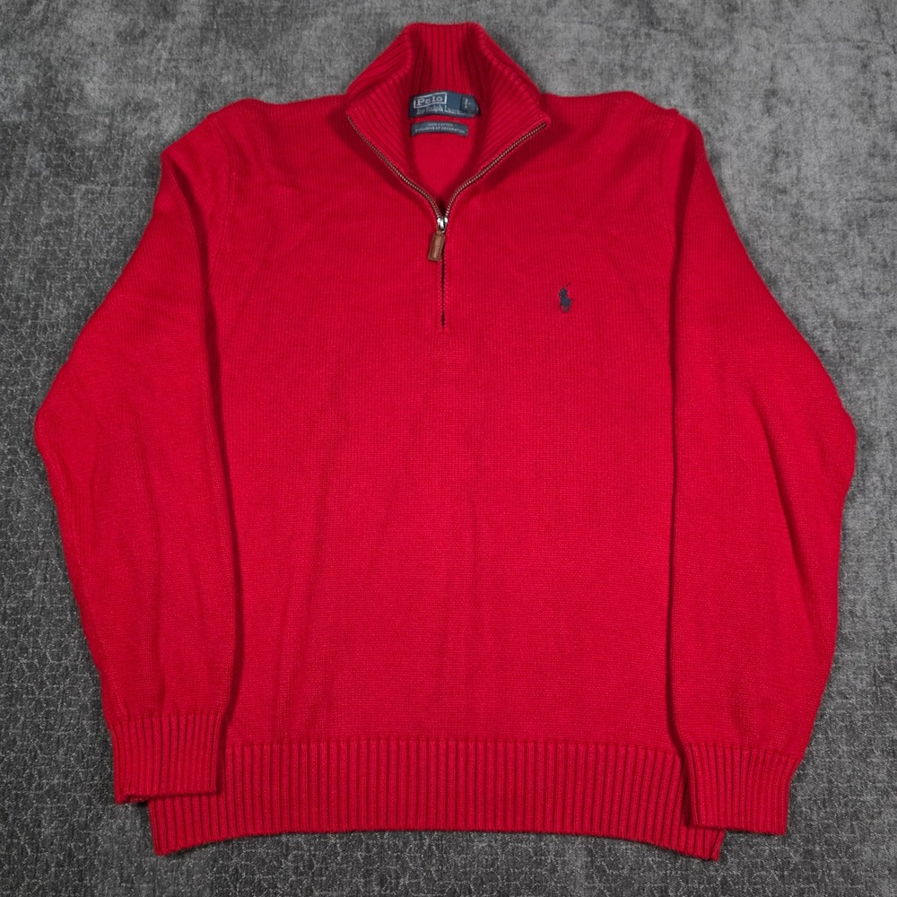 Polo Ralph Lauren Mens Large 1/4 Quarter Zip Sweater Red Estate Rib Vtg Cotton L